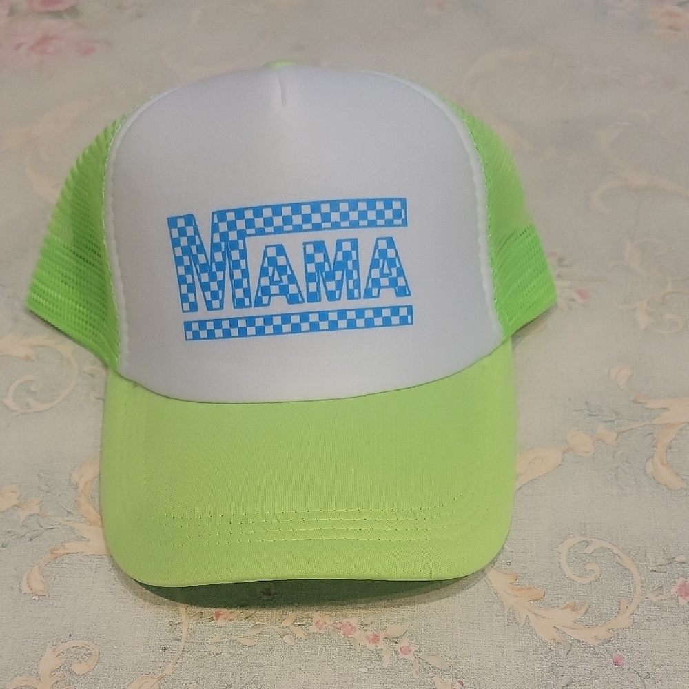 Neon Green and White Trucker Hat with Blue Mama Logo